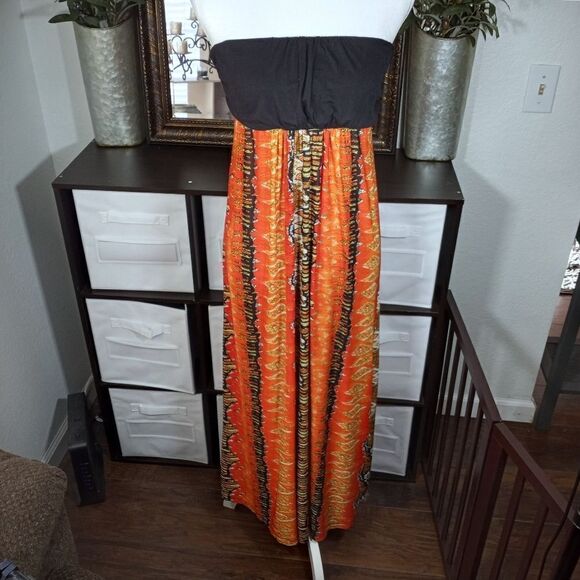 ORANGE & BLACK STRAPLESS MAXI DRESS SZ.S EUC - Picture 2 of 8